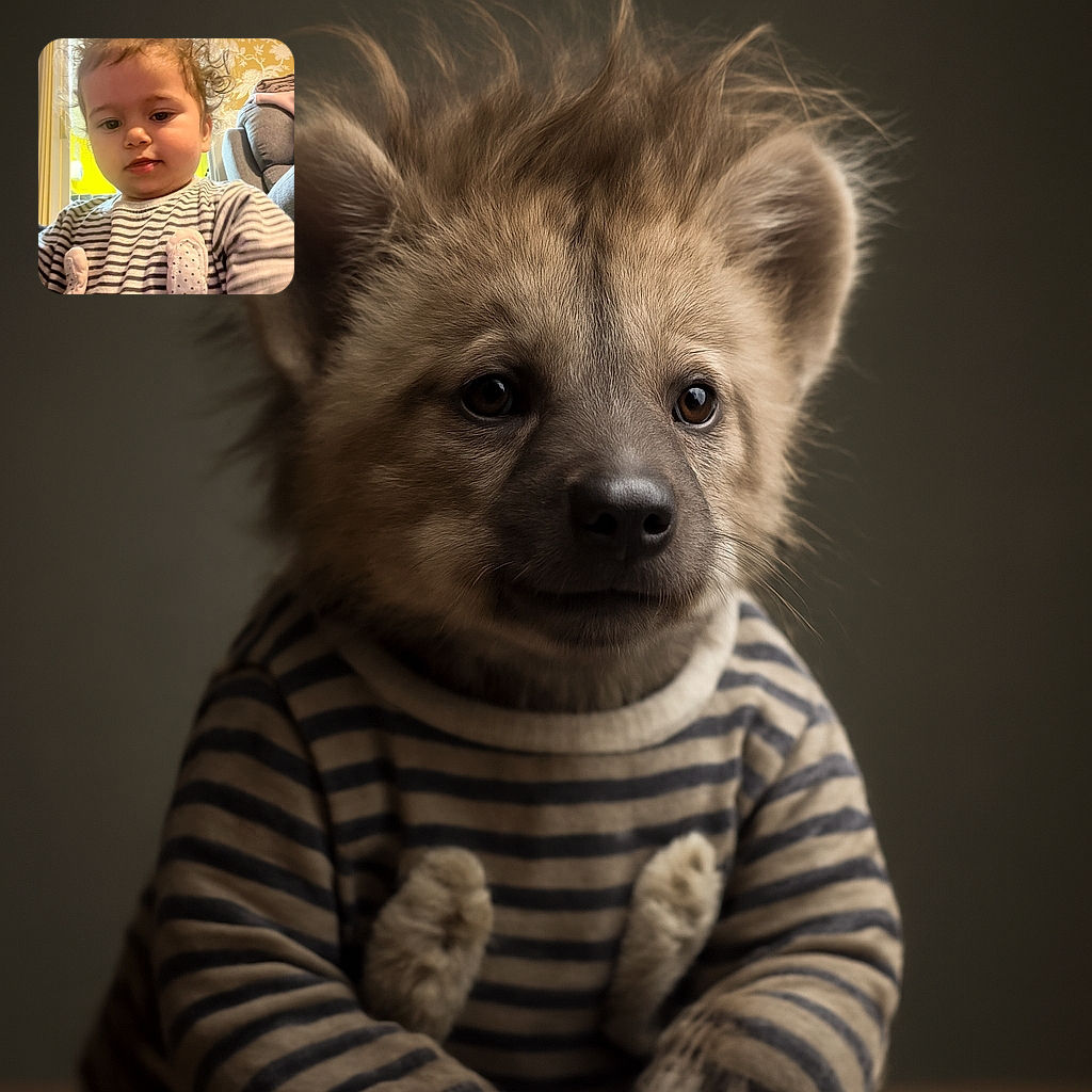 A cute toddler with curly hair and a striped shirt looks curiously downwards, framed by a cozy living room with a floral wallpaper and a comfy gray armchair.