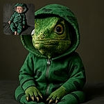 A cute baby in a green dinosaur onesie with a hood sits comfortably on a dark couch, looking at the camera with a slight smile and bright eyes, creating an adorable and cozy scene.