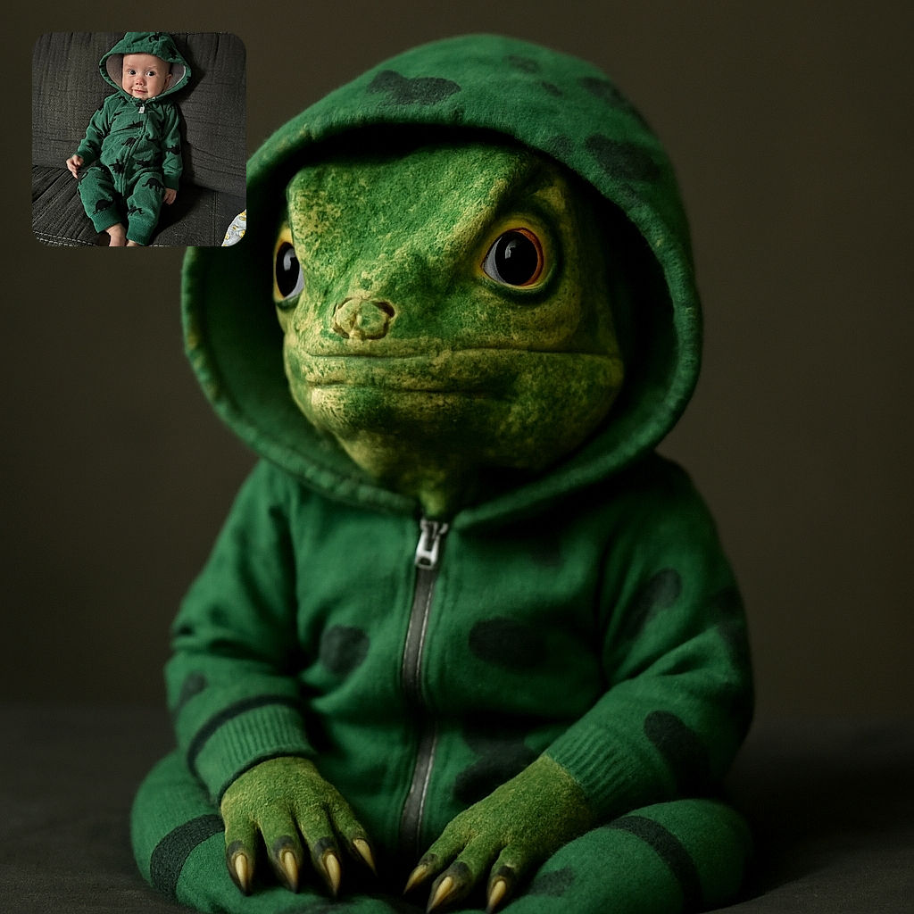 A cute baby in a green dinosaur onesie with a hood sits comfortably on a dark couch, looking at the camera with a slight smile and bright eyes, creating an adorable and cozy scene.
