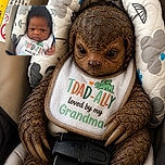 A serious-looking baby lounges in a flower-patterned car seat, wearing a bib proudly announcing the family title of “Daddy’s little princess”—clearly already mastering the art of looking unimpressed while being completely adorable.