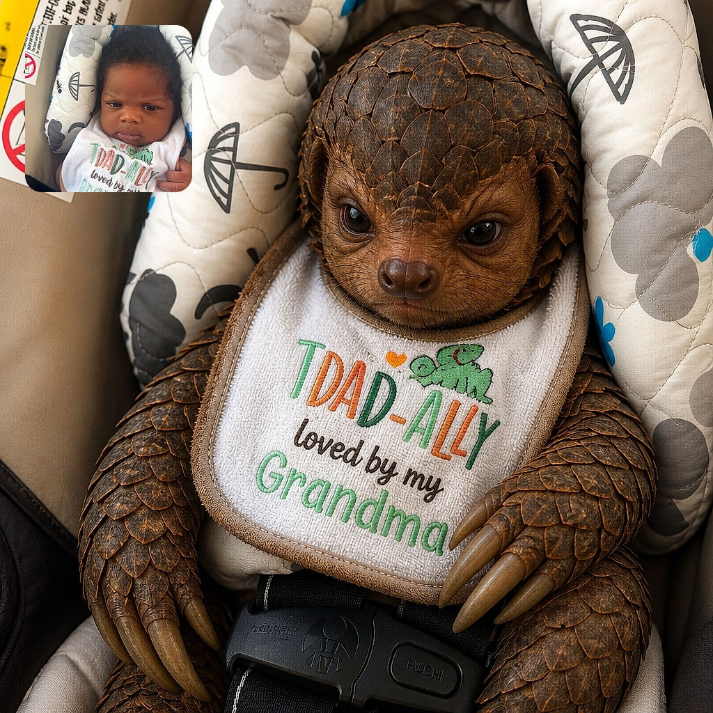 A serious-looking baby lounges in a flower-patterned car seat, wearing a bib proudly announcing the family title of “Daddy’s little princess”—clearly already mastering the art of looking unimpressed while being completely adorable.