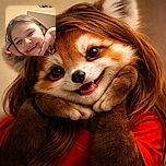 A cheerful young girl with a missing tooth grins widely while resting her face on her hands, captured during a video call with a smiling woman in a colorful background, creating a warm and happy moment.