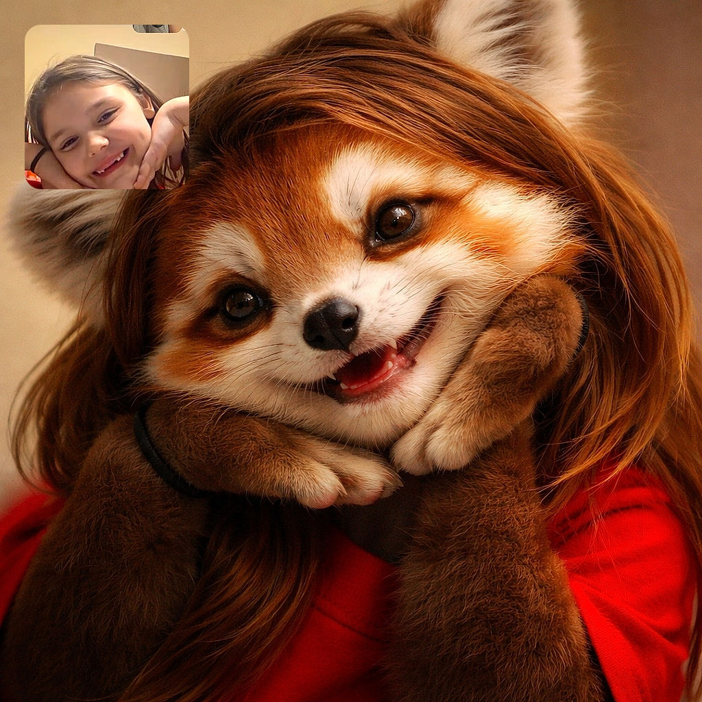 A cheerful young girl with a missing tooth grins widely while resting her face on her hands, captured during a video call with a smiling woman in a colorful background, creating a warm and happy moment.