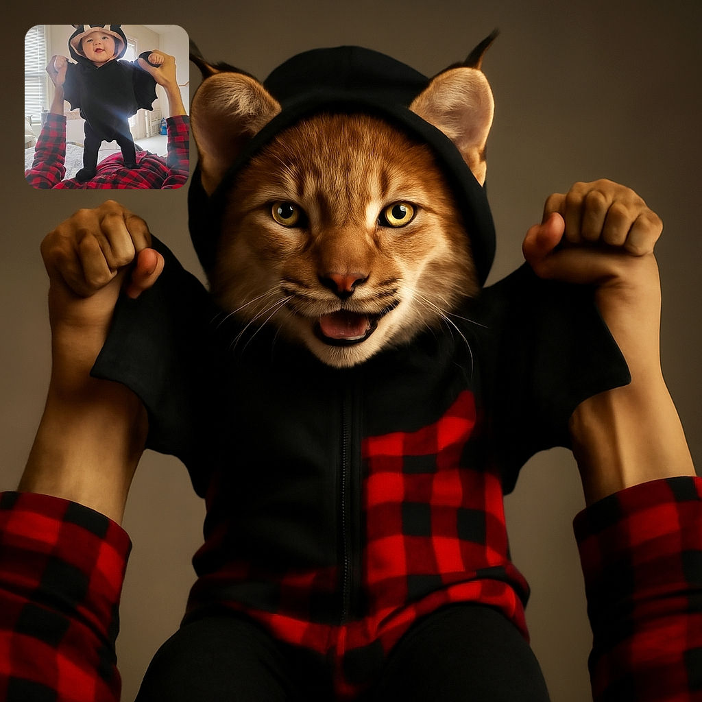 A joyful baby dressed in a black bat costume with cute little ears and horns is being held up by an adult wearing a red and black checkered shirt, creating a playful and heartwarming scene in a cozy, sunlit room.