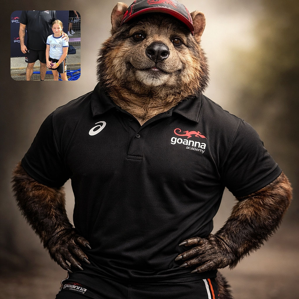A cheerful man in sports attire stands proudly next to a young girl dressed in athletic clothing, both posing outdoors on a sunny day with a backdrop featuring the Goanna Academy logo. The man has his arm around the girl, who looks ready for some sporting action, while a person in the background adds a casual vibe.