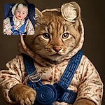 A chubby-cheeked baby with sparkling blue eyes is cozily strapped in a car seat, wearing a floral-patterned pink snowsuit and a delicate white flower headband. The baby looks curiously to the side, as if pondering the mysteries of the world while clutching the blue safety harness.
