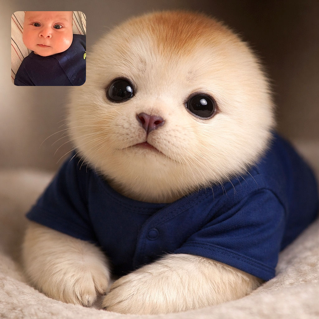An adorable baby with chubby cheeks and a curious expression stares wide-eyed at the camera while lying on a striped blanket, dressed in a navy blue outfit.