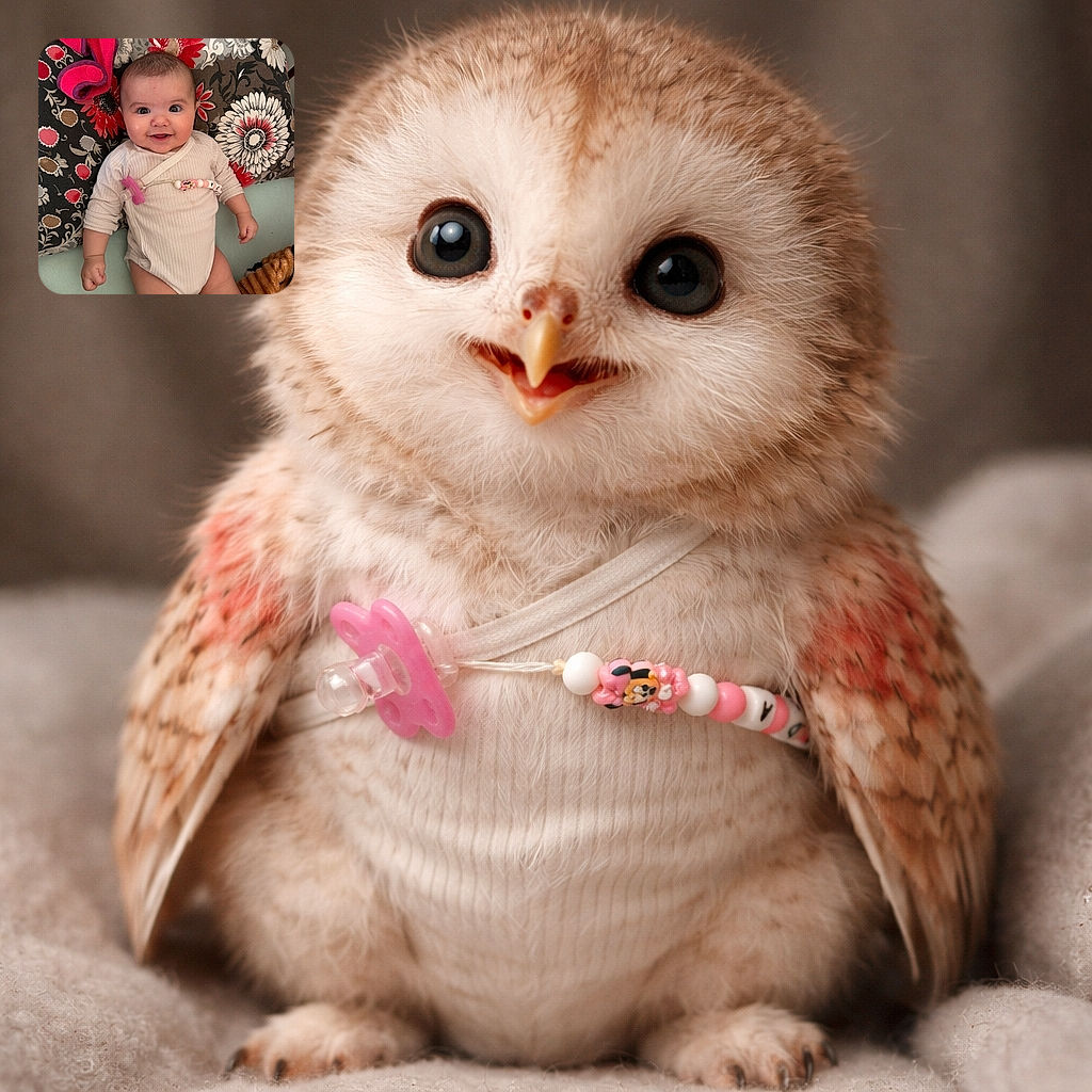 A delighted baby in a ribbed onesie flashes an irresistible grin while lying on a bold floral pillow, a pink pacifier clipped to their outfit and tiny fists curled — pure snackable cuteness with a patterned backdrop.