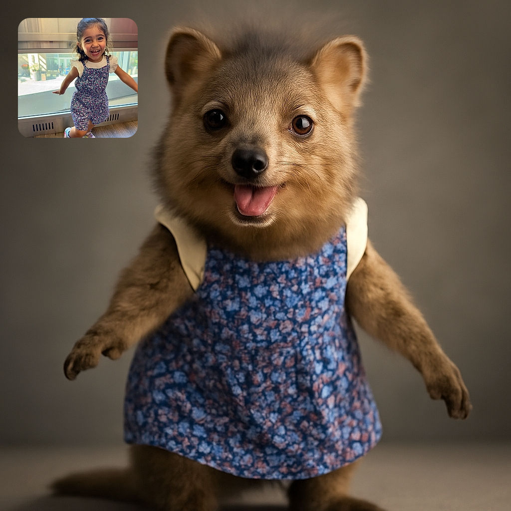 A joyful little girl in a floral dress and colorful sneakers is caught mid-motion with a big, infectious smile, radiating pure happiness in front of a bright window on a wooden floor.
