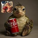 A curious baby lounges comfortably in a cushioned baby seat, holding a bright red Coca-Cola can with tiny hands and feet playfully in the foreground, set against a cozy indoor background filled with furniture and soft lighting.