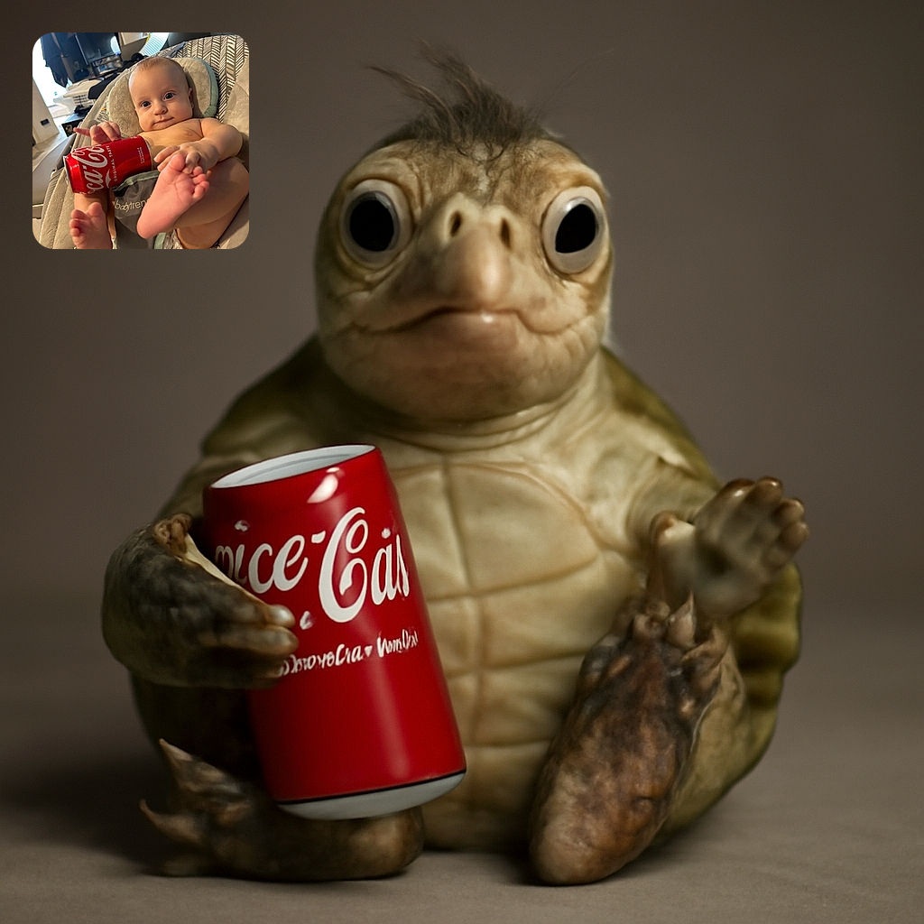 A curious baby lounges comfortably in a cushioned baby seat, holding a bright red Coca-Cola can with tiny hands and feet playfully in the foreground, set against a cozy indoor background filled with furniture and soft lighting.