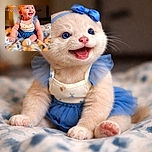 A cheerful 5-month-old baby dressed in a blue and white outfit is sitting up, smiling widely with a droplet of saliva on the chin, wearing a blue bow headband, with a cozy blurred background and a floral '5 Months' text overlay on the left.