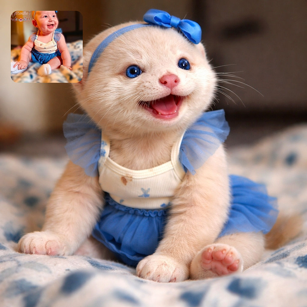 A cheerful 5-month-old baby dressed in a blue and white outfit is sitting up, smiling widely with a droplet of saliva on the chin, wearing a blue bow headband, with a cozy blurred background and a floral '5 Months' text overlay on the left.