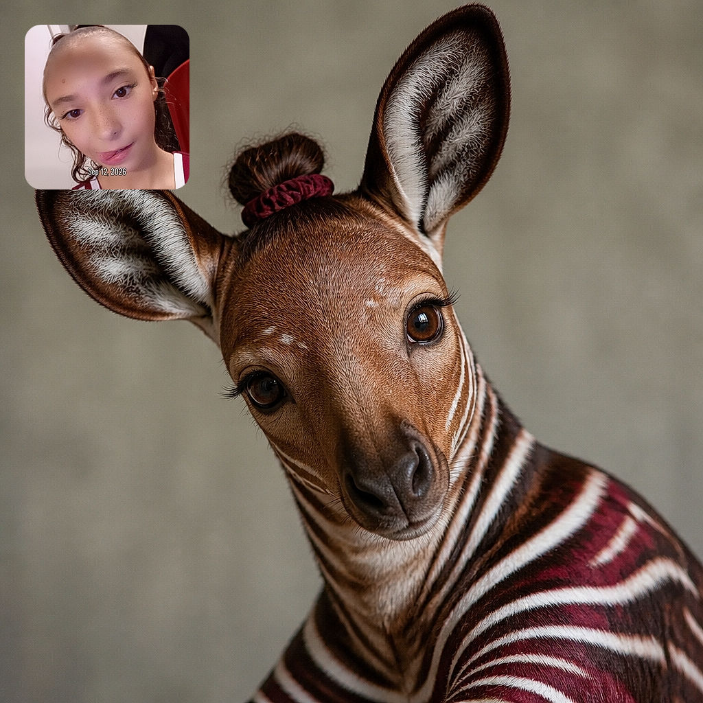 A young girl gives the camera a playful close-up stare, looking like she just discovered the front camera and decided to become the household’s newest celebrity. Her striped top and tiny ponytail add extra charm, while the bathroom background keeps things delightfully everyday.