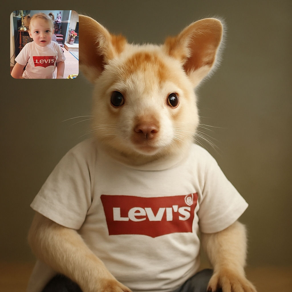A toddler with pigtails wearing a Levi's t-shirt is caught mid-move indoors, with a slightly blurry face and curious expression, surrounded by cozy home decor and a colorful toy truck nearby.