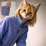 A young child with blonde hair wearing a cozy blue jacket poses indoors against a plain textured wall, giving a subtle smile with a calm and relaxed demeanor.