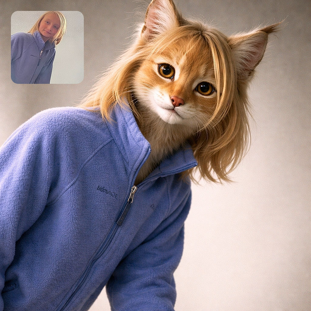 A young child with blonde hair wearing a cozy blue jacket poses indoors against a plain textured wall, giving a subtle smile with a calm and relaxed demeanor.
