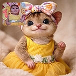 A cheerful baby girl in a bright yellow dress and colorful headband poses against a backdrop of cheerful smiley faces, clutching a sign with a playful expression that mixes curiosity and mischief.