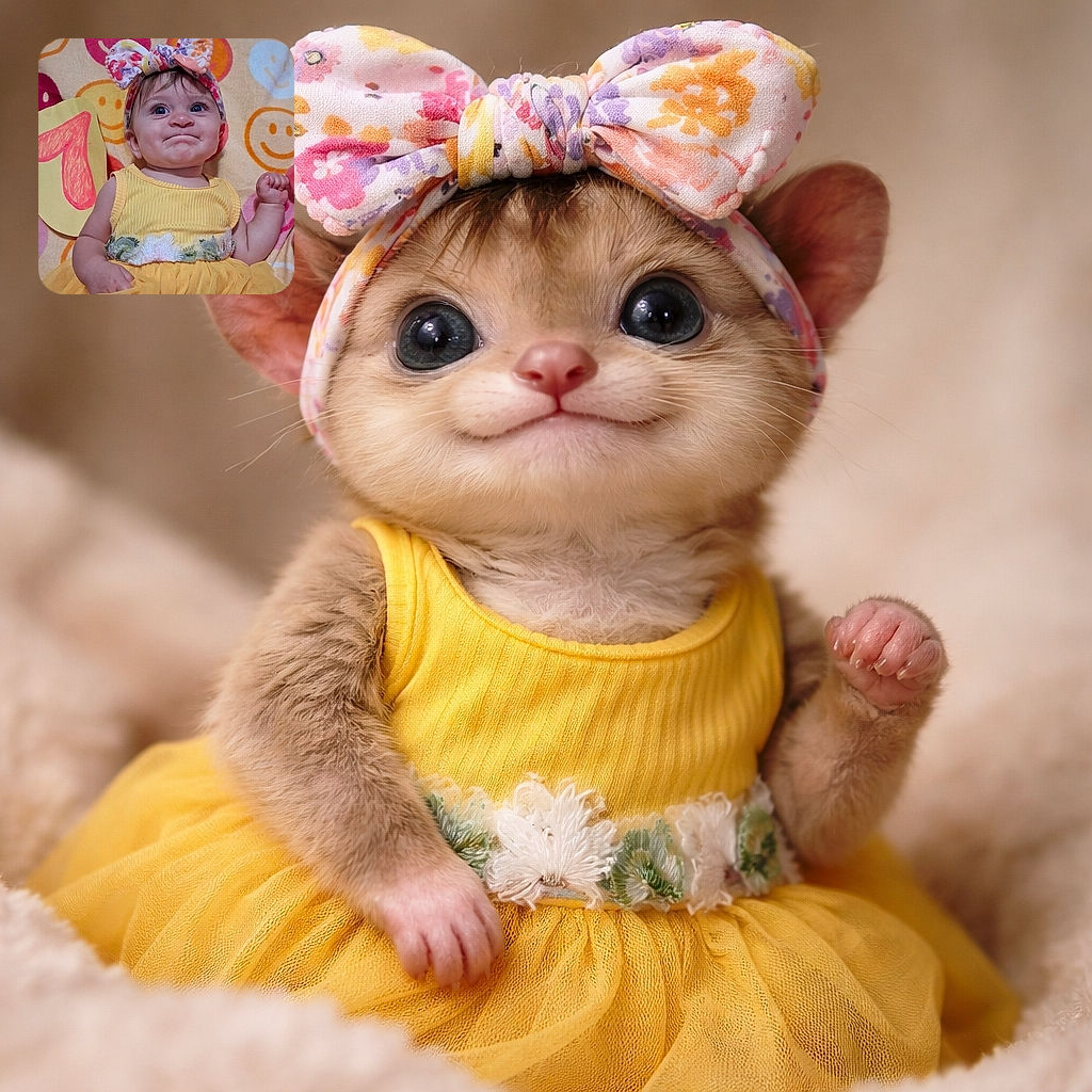 A cheerful baby girl in a bright yellow dress and colorful headband poses against a backdrop of cheerful smiley faces, clutching a sign with a playful expression that mixes curiosity and mischief.