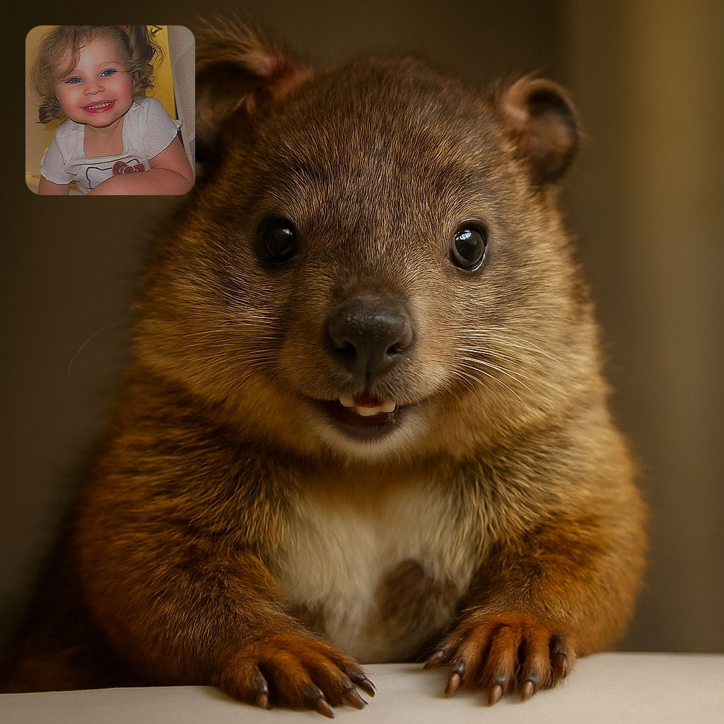 A joyful toddler with curly hair tied in little ponytails flashes a big smile, leaning over a white surface in a cozy yellow-toned room with a towel and a framed picture in the background.