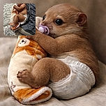 A cozy baby snuggled up on a patterned bed, clutching a soft, fox-themed plush pillow, with a pacifier in mouth and wearing only a diaper, surrounded by soft blankets and sheets.