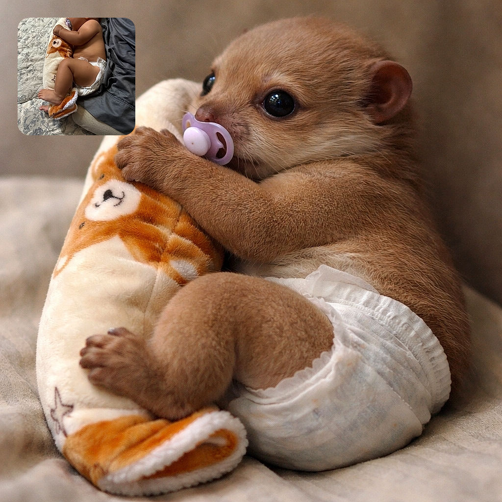 A cozy baby snuggled up on a patterned bed, clutching a soft, fox-themed plush pillow, with a pacifier in mouth and wearing only a diaper, surrounded by soft blankets and sheets.