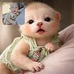 A chubby-cheeked baby wearing a light green dress with strawberry prints is being held by an adult, possibly inside a car. The baby looks curious with their mouth slightly open, reaching out towards the camera. The background shows a sunny outdoor parking lot with trees and a building in the distance.