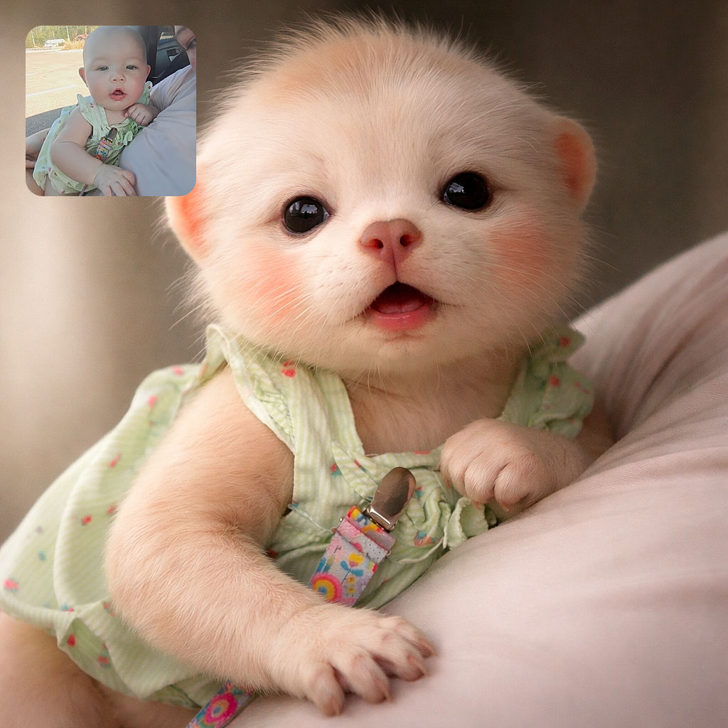 A chubby-cheeked baby wearing a light green dress with strawberry prints is being held by an adult, possibly inside a car. The baby looks curious with their mouth slightly open, reaching out towards the camera. The background shows a sunny outdoor parking lot with trees and a building in the distance.