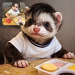 A curious toddler with chocolate smeared around the mouth sits at a table with a snack tray, holding a small red Lil McDonald's box, looking up with big, inquisitive eyes while a patterned chair and wall outlets form the background.