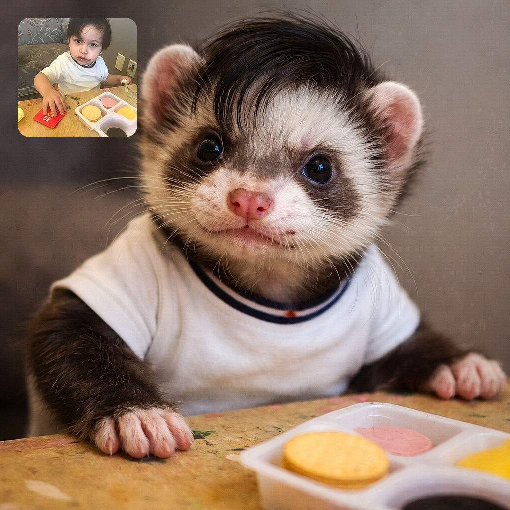 A curious toddler with chocolate smeared around the mouth sits at a table with a snack tray, holding a small red Lil McDonald's box, looking up with big, inquisitive eyes while a patterned chair and wall outlets form the background.