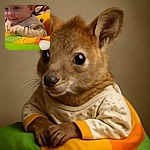 A close-up shot of a smiling baby in cozy pajamas sitting in a colorful baby seat with bright green and yellow accents, with a warm wooden background.