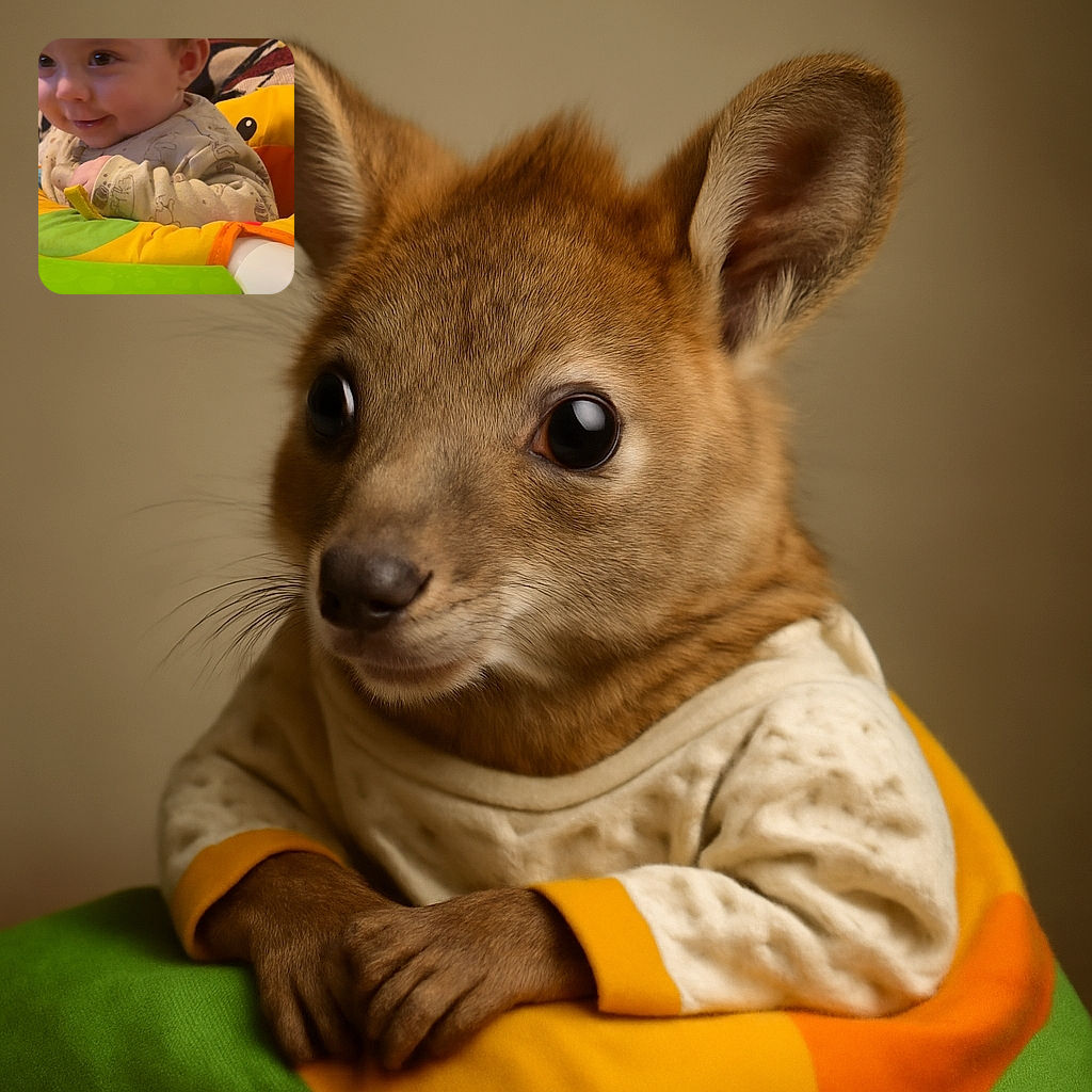 A close-up shot of a smiling baby in cozy pajamas sitting in a colorful baby seat with bright green and yellow accents, with a warm wooden background.