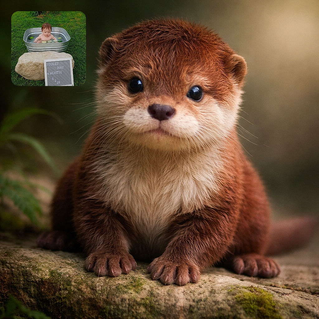 A cute baby sits in a small metal tub filled with water and floating cucumber slices, looking curiously down at the water. The tub is placed on a grassy lawn with a large rock and a sign in front that reads 'Violet May 4 Month 6 22 26'. The background shows green grass and some shrubbery, creating a fresh outdoor vibe.