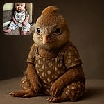 A chubby-cheeked baby with bright blue eyes is sitting on a carpeted floor, dressed in adorable animal-print overalls and a brown shirt, looking curiously at the camera with a slightly serious expression. The baby is nestled against a beige and brown textured couch, creating a cozy and warm atmosphere.