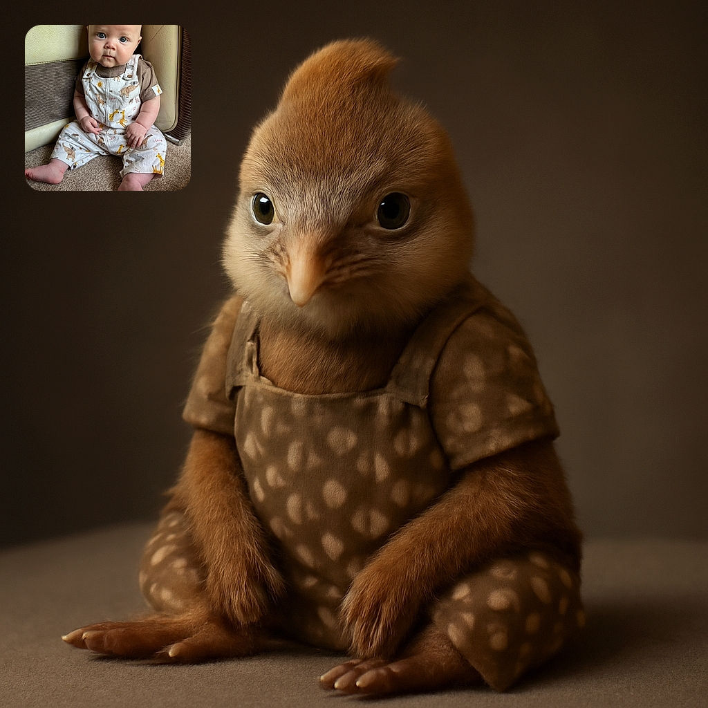 A chubby-cheeked baby with bright blue eyes is sitting on a carpeted floor, dressed in adorable animal-print overalls and a brown shirt, looking curiously at the camera with a slightly serious expression. The baby is nestled against a beige and brown textured couch, creating a cozy and warm atmosphere.