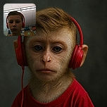 A young headphone-wearing child stares into the camera with the serious concentration of a tiny DJ judging the school ceiling lights, while colorful classroom artwork and letter blocks make up the background.