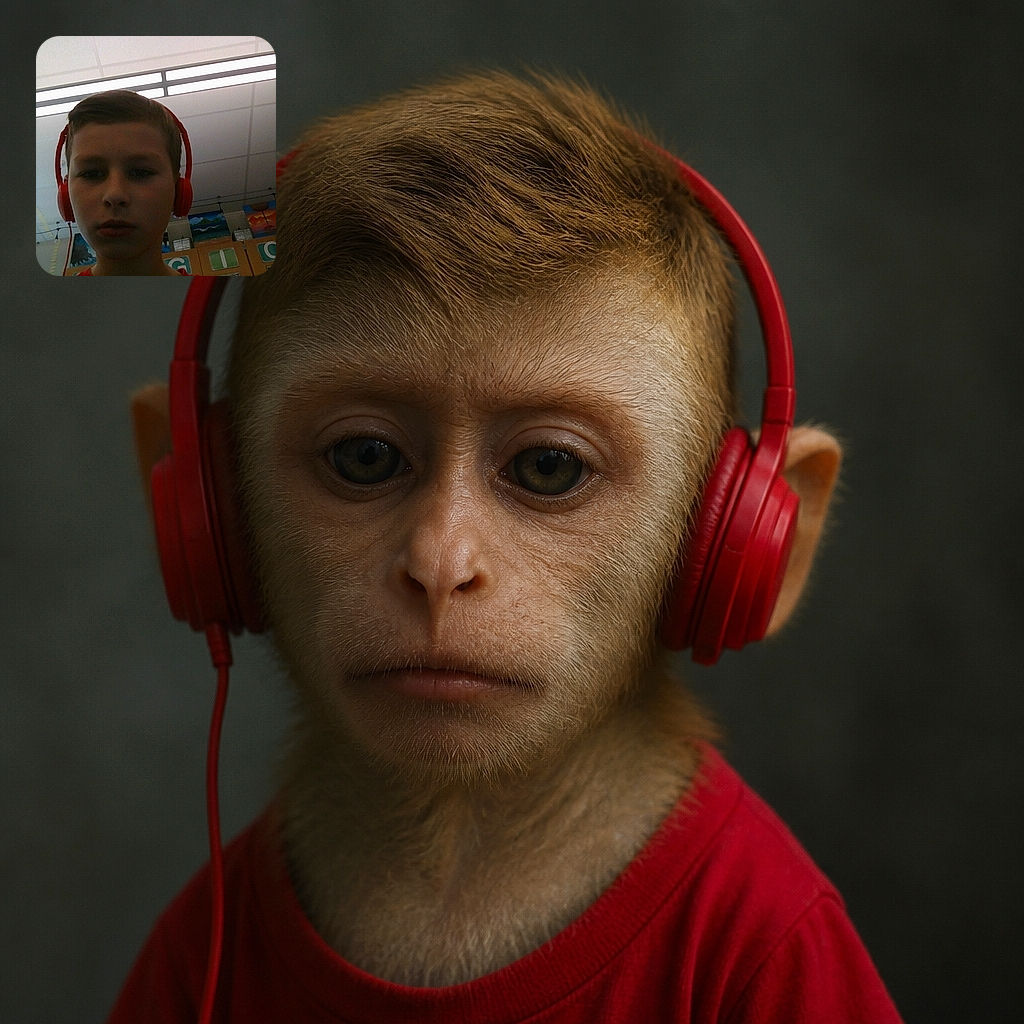 A young headphone-wearing child stares into the camera with the serious concentration of a tiny DJ judging the school ceiling lights, while colorful classroom artwork and letter blocks make up the background.