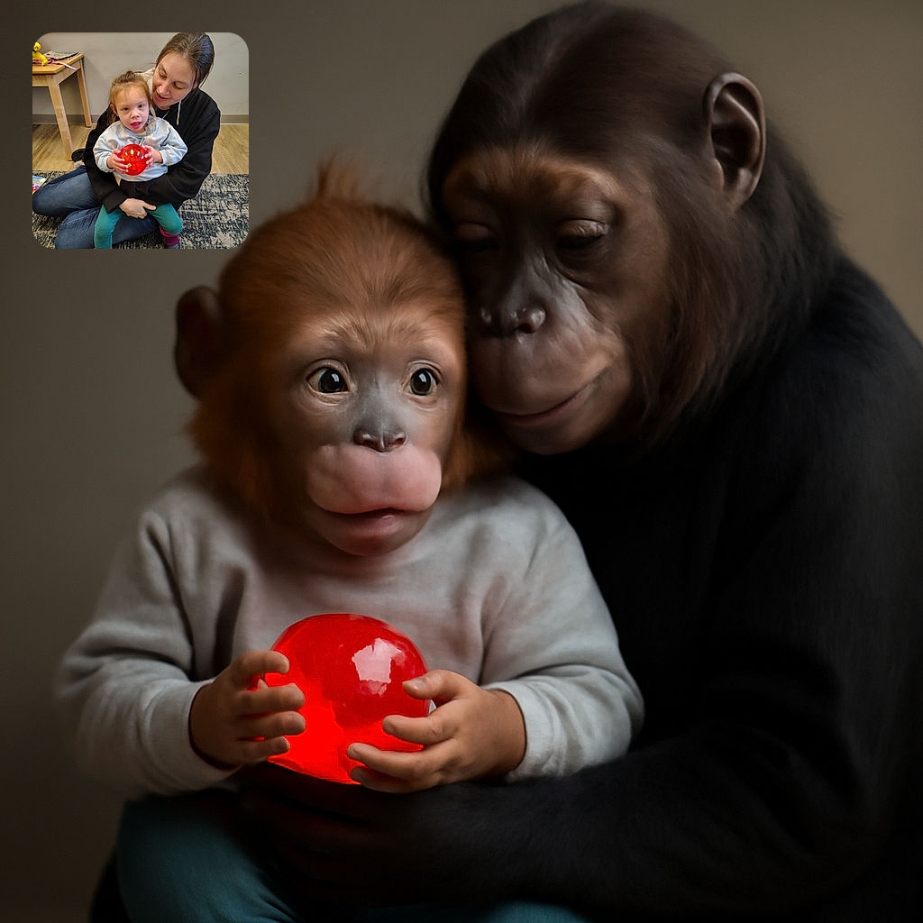 A cozy indoor scene where a smiling woman lovingly holds a young child sitting on her lap. The child clutches a bright red ball, wearing colorful clothing and boots, while they sit on a patterned rug next to a wooden table with some books and a yellow toy. The warm, natural lighting and casual setting give a heartwarming, candid snapshot vibe.