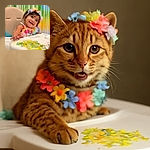 A joyful toddler with a colorful flower crown and matching necklace beams with delight while reaching out from a high chair, set against a vibrant rainbow-striped backdrop that adds a festive party vibe.