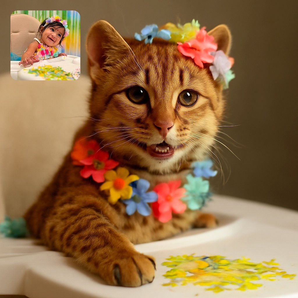 A joyful toddler with a colorful flower crown and matching necklace beams with delight while reaching out from a high chair, set against a vibrant rainbow-striped backdrop that adds a festive party vibe.