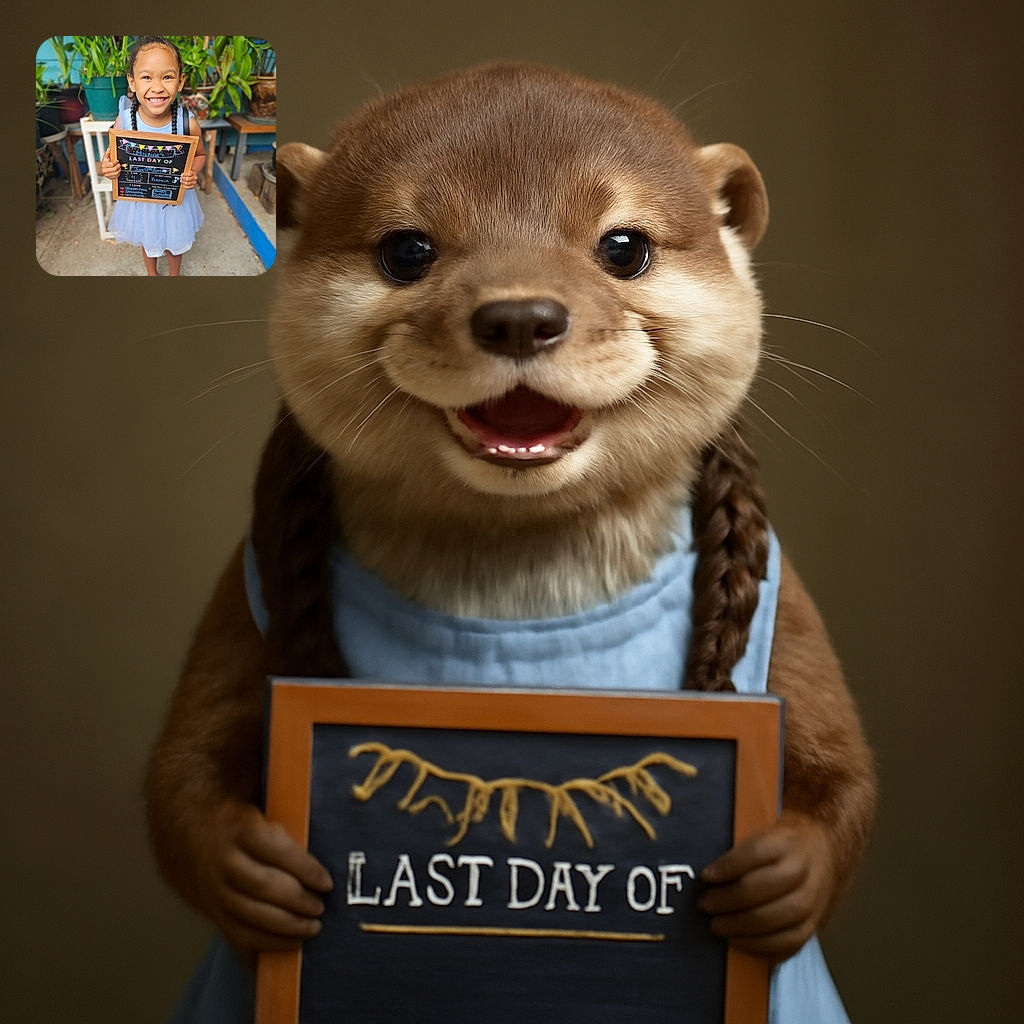 A cheerful young girl with braided hair beams widely at the camera, proudly holding a colorful chalkboard sign that celebrates her last day of school. She's dressed in a light blue dress and matching sandals, standing outdoors surrounded by lush green plants and rustic furniture, radiating pure joy and innocence.