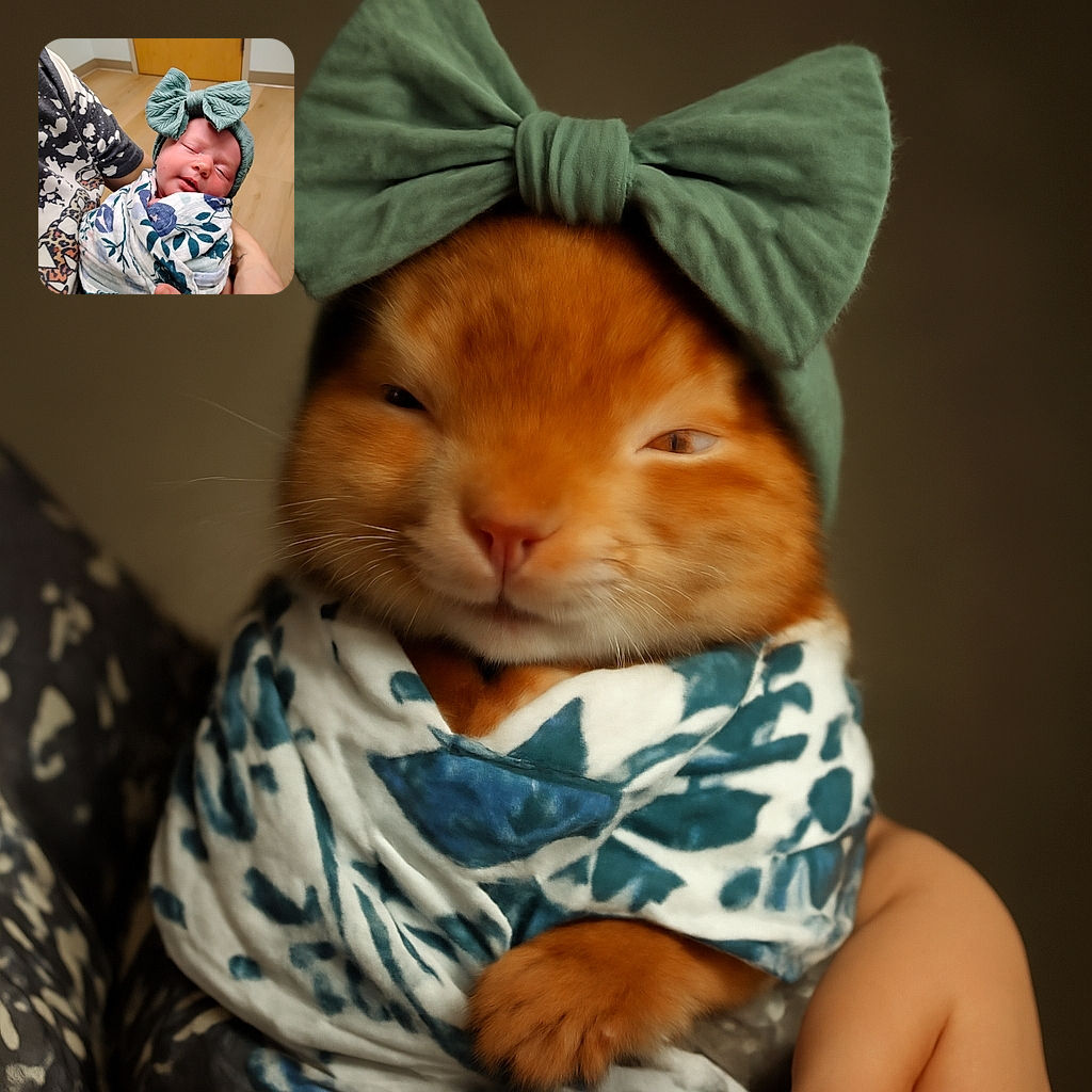 A peacefully sleeping newborn wrapped snugly in a floral blanket, sporting a big textured bow headband, cradled gently by an adult wearing a patterned shirt, with a cozy indoor background.