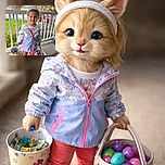 A cheerful little girl stands on a porch holding two colorful Easter baskets filled with toys and goodies. She's dressed in a cute jacket with a heart-patterned headband, pink pants, and matching shoes. The background shows a green lawn, blossoming trees, and a red car parked nearby, capturing a bright and joyful spring day.
