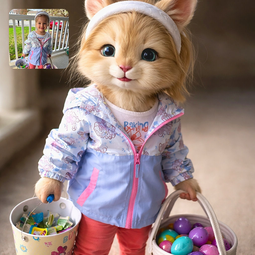 A cheerful little girl stands on a porch holding two colorful Easter baskets filled with toys and goodies. She's dressed in a cute jacket with a heart-patterned headband, pink pants, and matching shoes. The background shows a green lawn, blossoming trees, and a red car parked nearby, capturing a bright and joyful spring day.