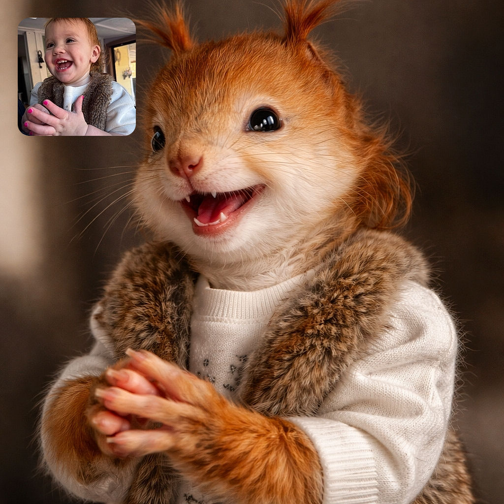 A tiny redheaded joy machine in pigtails, mid-giggle with chubby hands and neon-pink fingernails stealing the show. Dimples and baby teeth on full display, bundled in a fuzzy vest and cozy sweater, shot indoors with soft natural light and a homey doorway in the background — pure contagious happiness.