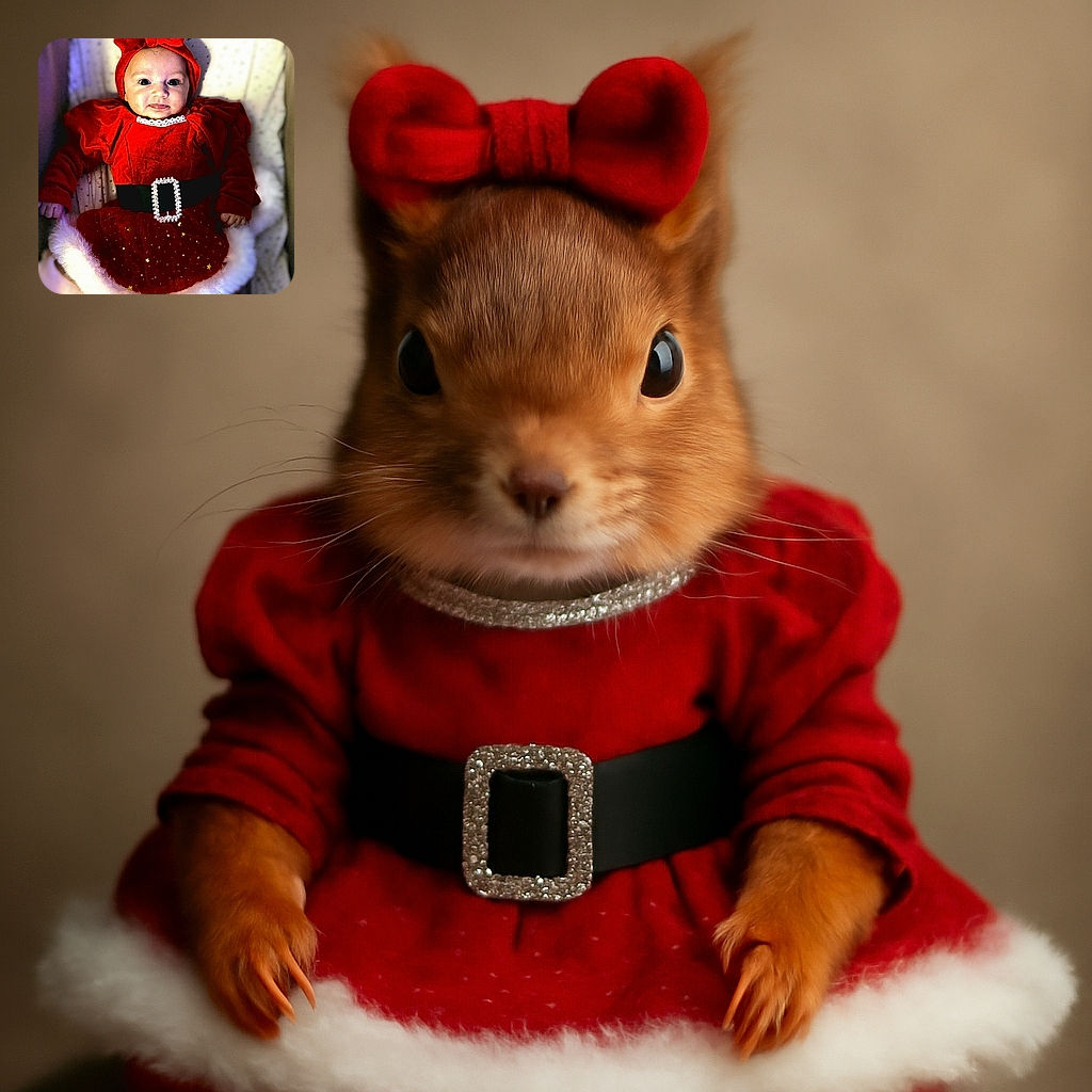 A wide-eyed baby dressed in an adorable red velvet holiday outfit complete with a big bow headband and a sparkly belt buckle, lying comfortably on a soft, star-patterned blanket, looking ready to steal the Christmas show.