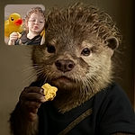 A curly-haired toddler with a cookie in hand puckers lips as if blowing a kiss or making a funny face, while a giant yellow rubber duck looms in the background, adding a playful vibe to this cozy indoor snapshot.