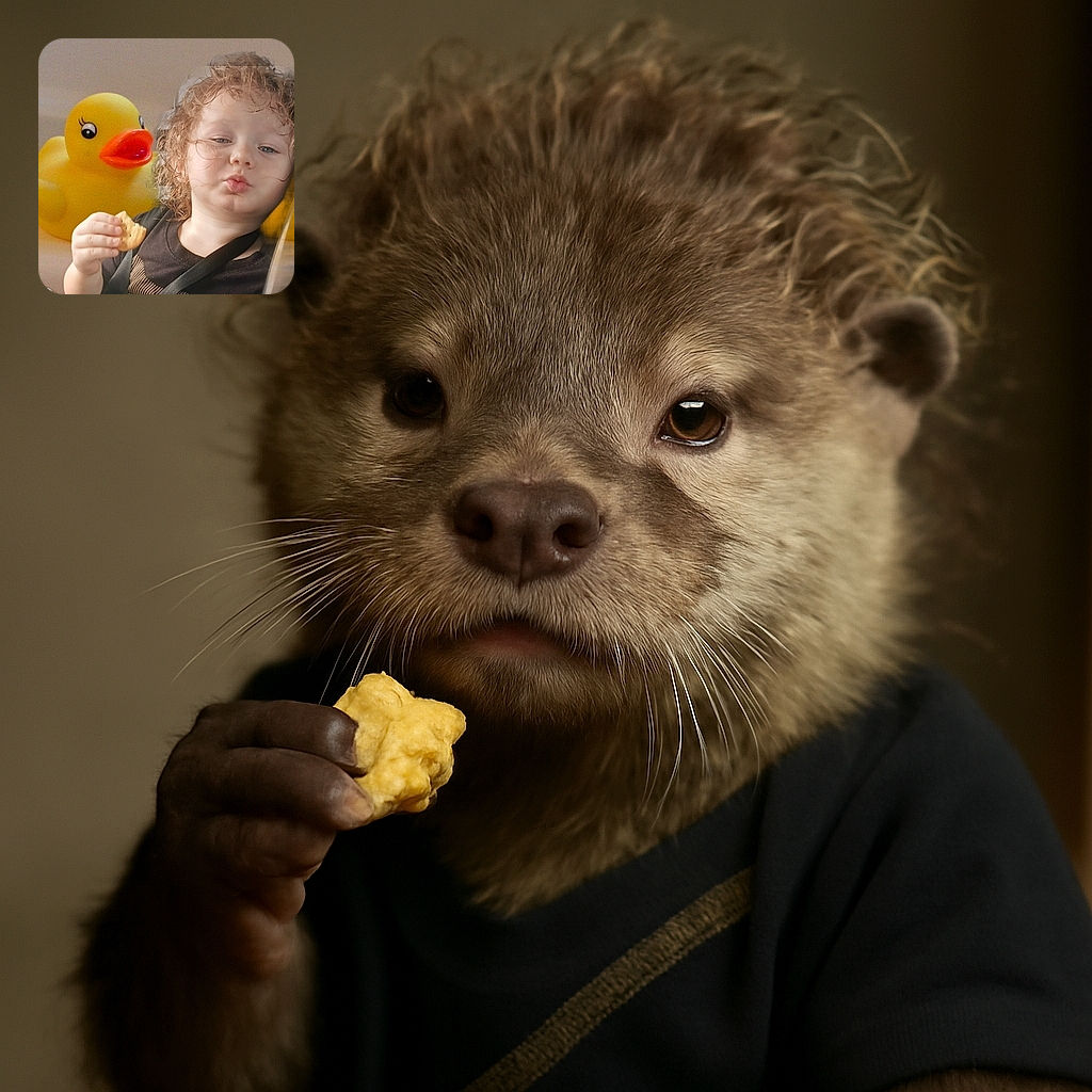 A curly-haired toddler with a cookie in hand puckers lips as if blowing a kiss or making a funny face, while a giant yellow rubber duck looms in the background, adding a playful vibe to this cozy indoor snapshot.