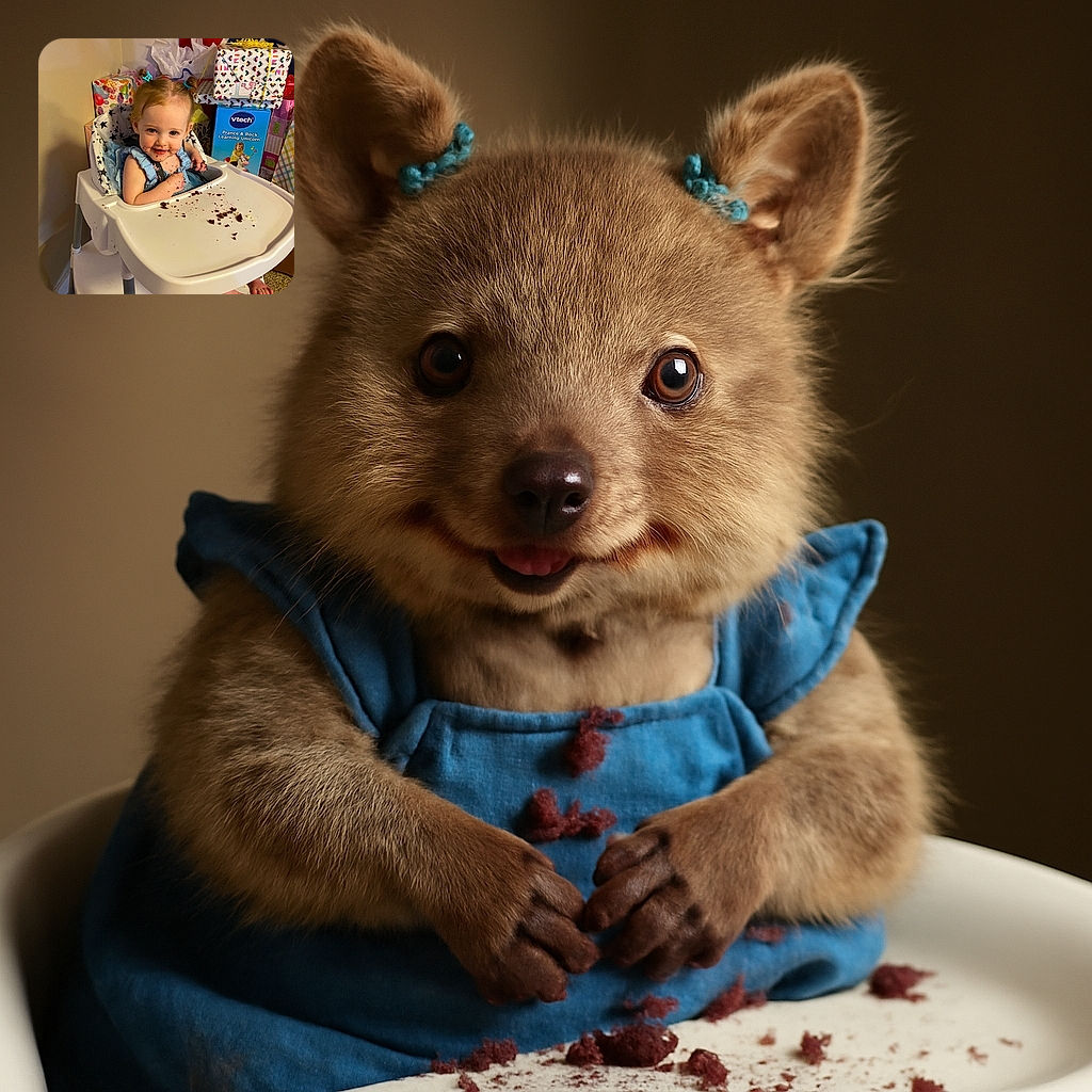 A messy but adorable toddler with chocolate smeared all over their face and hands sits happily in a high chair, surrounded by colorful wrapped presents and a playful atmosphere.
