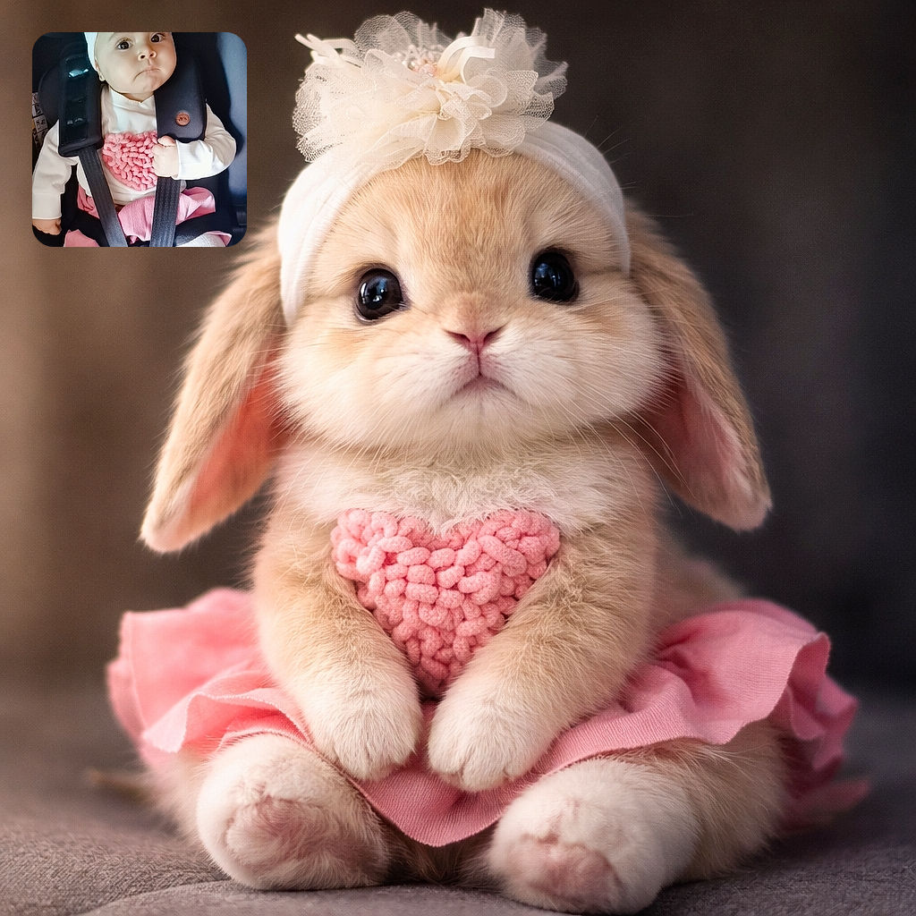 A tiny, serious-faced baby in a car seat wearing a flowered headband like a miniature monarch, clutching the straps with chubby fists and giving a determined pout worthy of tiny-CEO status.